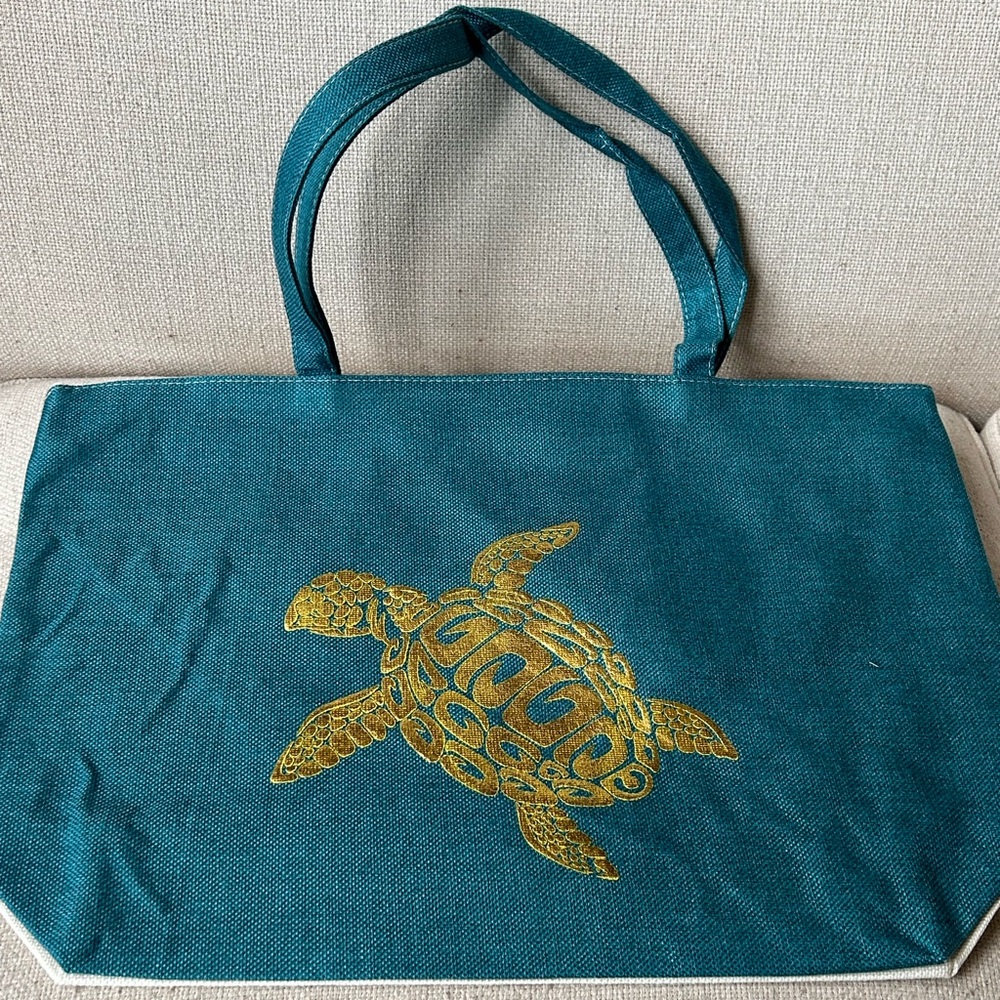 Sea Turtle Teal Beach Bag Tote Gold Embossed Shoulder Strap